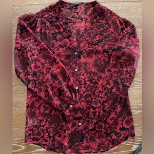LOFT Floral Red Button Down Blouse with Bow